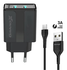 Мережевий зарядний пристрій Grand-X (2xUSB 2.4A) Black (CH-15T)