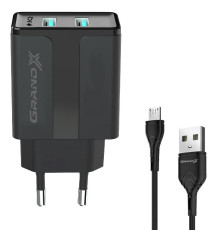 Мережевий зарядний пристрій Grand-X (2xUSB 2.4A) Black (CH-15UMB)