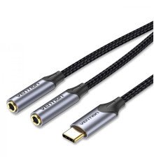 Кабель Vention 2х3.5 мм - USB Type-C (F/M), 0.3 м, Black (BGNHY)