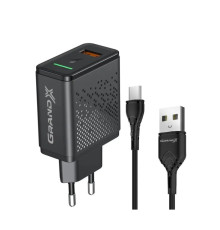Мережевий зарядний пристрій Grand-X Quick Charge 3.0 (1хUSB, 18W) Black + кабель USB-TypeC Black (CH-650T)