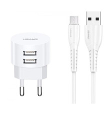 Мережевий зарядний пристрій Usams T20 (2USB, 2.1А) White (XTXLOGT18MC05) + кабель MicroUSB