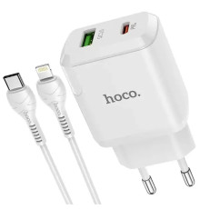 Мережевий зарядний пристрій Hoco N5 (1USB 3A QC3.0 + 1 PD Type-C) White (S25619) + кабель Lightning
