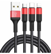 Кабель Hoco X26 XPress Charging 3in1 USB - Lightning/micro USB/USB-C (M/M), 2A, 1 м, Black/Red (K22852)