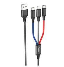 Кабель Hoco X76 Super Charging 3in1 USB - Lightning/micro USB/USB-C (M/M), 2A, 1 м, Black/Red/Blue (K25610)