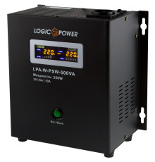Джерело безперебійного живлення LogicPower LPA-W-PSW-500VA (350Вт)2A/5A/10A, Lin.int., AVR, 1 x евро, LCD, металл, з правильною синусоїдою 12V, настінний