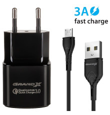 Мережевий зарядний пристрій Grand-X CH-550BM (1xUSB 3.6В-12В/1.5А-3А) Black + кабель MicroUSB