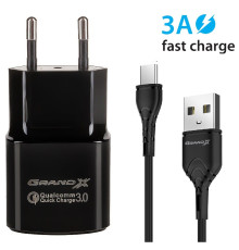Мережевий зарядний пристрій Grand-X (1USBx3А) QC3.0 Black (CH-550TC) + кабель USB-C
