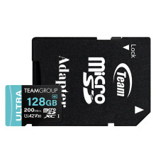 Карта памяти MicroSDXC  128GB UHS-I/U3 Class 10 Team Ultra R200/W80MB/s + SD-адаптер (TULMSDX128GIA2V3022503)